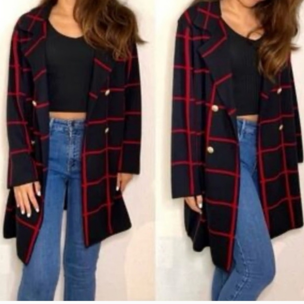 Anne Klein Open Sweater Blazer‎ Long Coat Windowpane Plaid